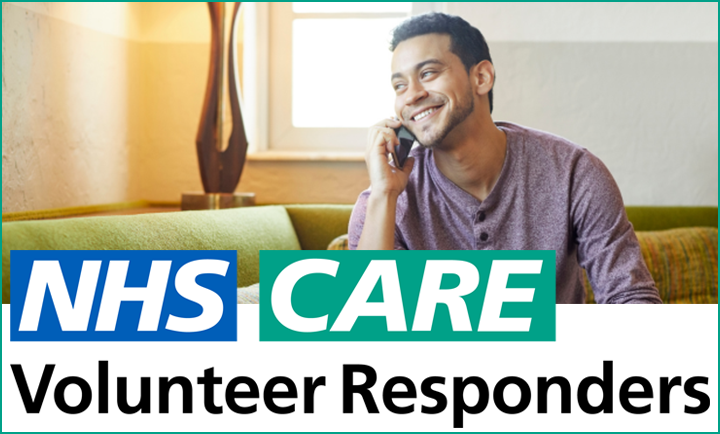 NHS Care Volunteer Responders logo with an image of a man having a friendly chat on the phone