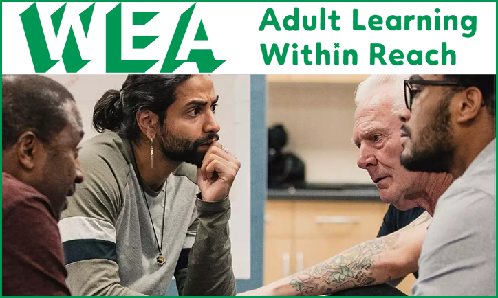 WEA Adult Learning Within Reach banner showing four men discussion