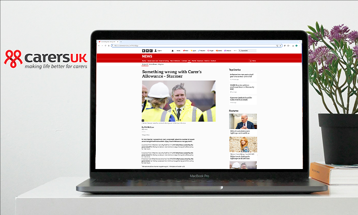 CarersUK logo with a laptop showing Carers allowance overpayments news item