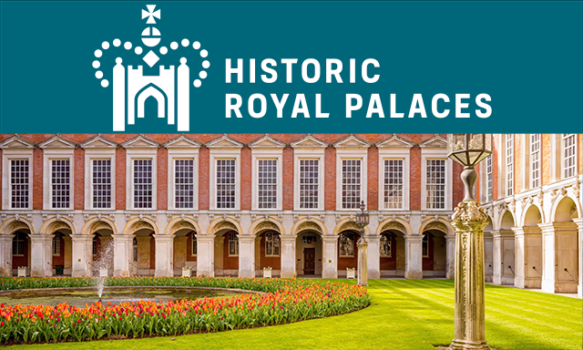Historic Royal Palaces logo with image of a landscaped garden at Hampton Court