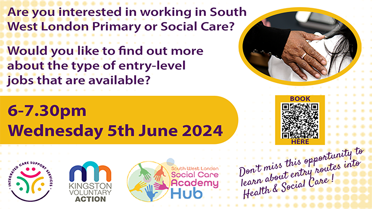 Working in social care banner - information evening on Wednesday 5th June 2024, 6-730pm