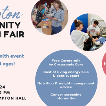 Graphic with a light pink back ground that says “Hampton Community Health Fair” Friday 24 May 2024 11:00 AM to 2:00 PM at All Saints Hall Hampton.