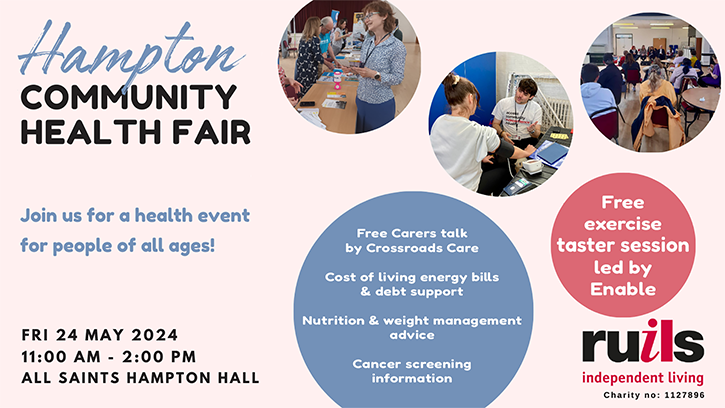 Graphic with a light pink back ground that says “Hampton Community Health Fair” Friday 24 May 2024 11:00 AM to 2:00 PM at All Saints Hall Hampton.
