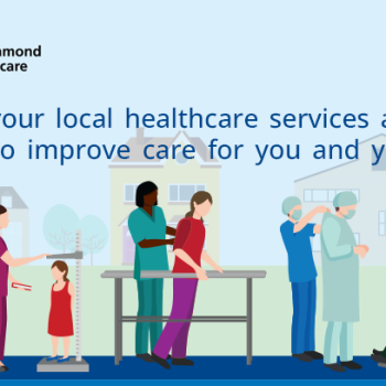 NHS infographic showing a range of medical practitioners with their patients. Says, "Some of your local healthcare services are joining together to improve care for you and your family"