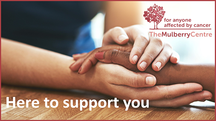 The Mulberry Centre - "Here to support you" poster. Shows two hands clasping another person's hand