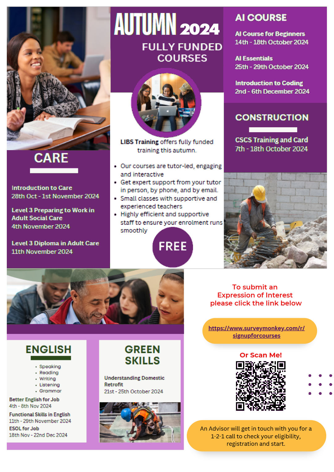 LIBS Training Offer flyer Oct 2024. COURSES IN Care AI Course Construction English Green skills