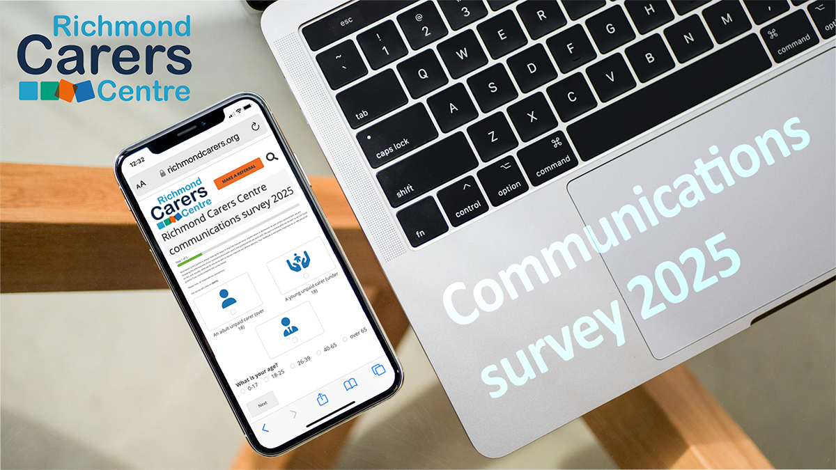 Richmond Carers Centre Communications survey 2025 banner. Image shows a laptop and mobile phone