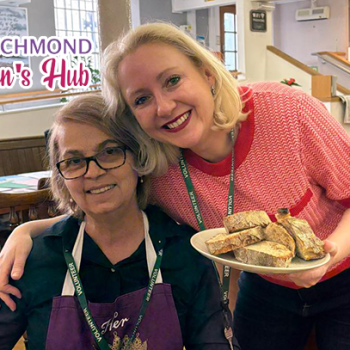 Richmond Womens Hub banner. Image shows 2 female volunteers holding freshly baked bread