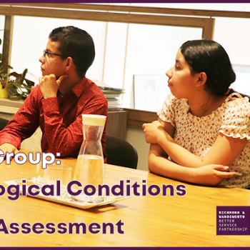 Focus Group- Neurological Conditions Needs Assessment. Image shows two women and men sitting at table