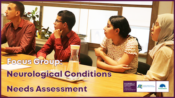 Focus Group- Neurological Conditions Needs Assessment. Image shows two women and men sitting at table