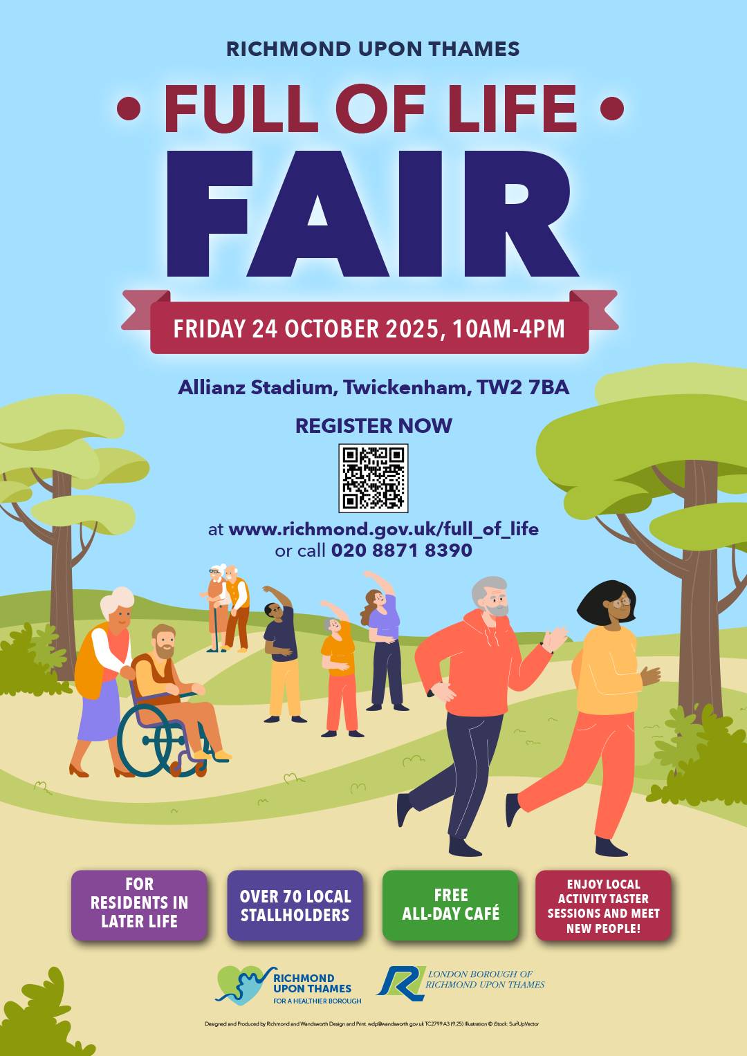 Full of Life Fair 2025 Poster. Friday, 24th October at the Allianz (Twickenham RFU) Stadium. Image shows illustrated characters engaging in healthy activities.