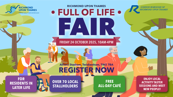 Full of Life Fair 2025 banner. Shows illustrated characters engaging in healthy activities.