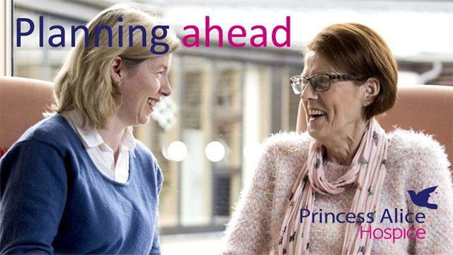 Two women laughing. Planning Ahead – Princess Alice Hospice banner