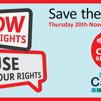Carers Rights Day 2025 save the date banner. Shows speech bubbles with this year's slogan, Know Your Rights, Use Your Rights." Image include Carers Rights Day logo and the Richmond Carers Centre logo.