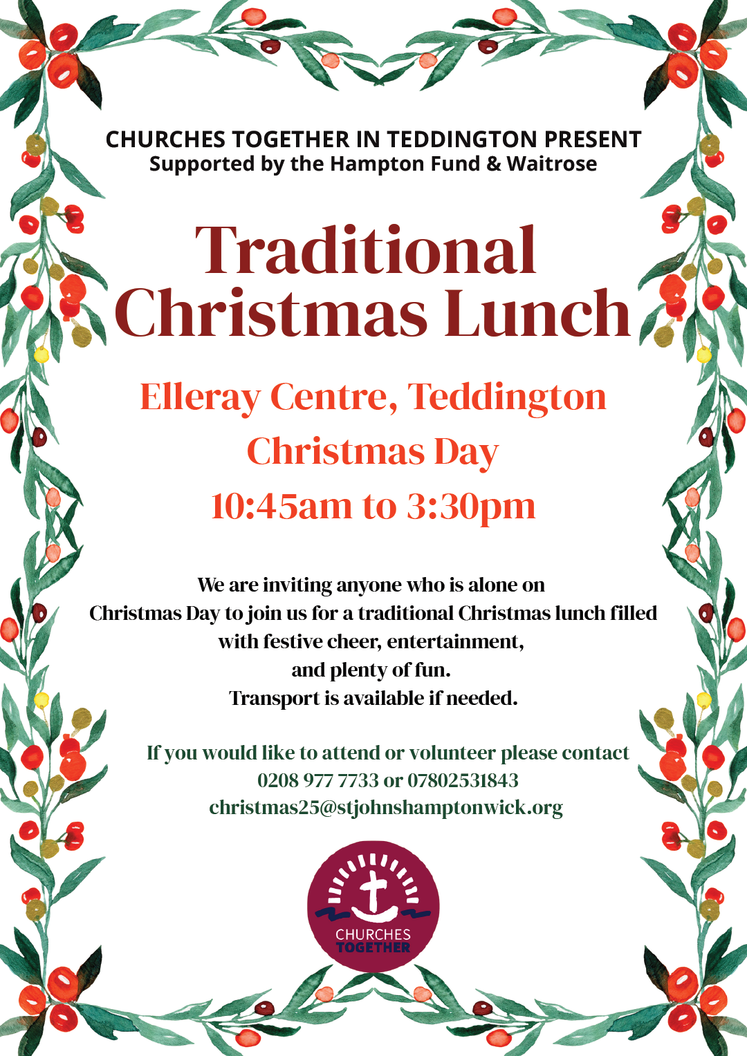 Christmas Day Lunch - guests flyer 2025. Churches Together in Teddington present traditional Christmas lunch at Elleray Hall, Teddington