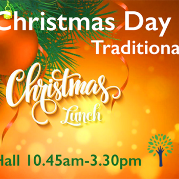 Christmas Day Lunch - banner 2025. Image shows baubles hanging on a Christmas tree