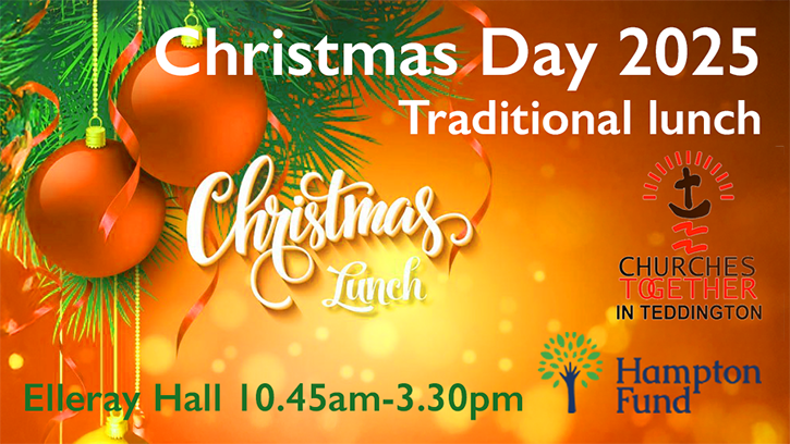 Christmas Day Lunch - banner 2025. Image shows baubles hanging on a Christmas tree