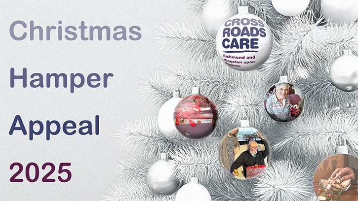 Crossroads Christmas Hamper Appeal 2025 banner. Image of a white Christmas tree with branded baubles