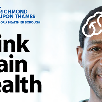 Dementia Awareness Survey 2025 banner. Image shows a man with a graphic of a brain. Caption reads Think brain health.