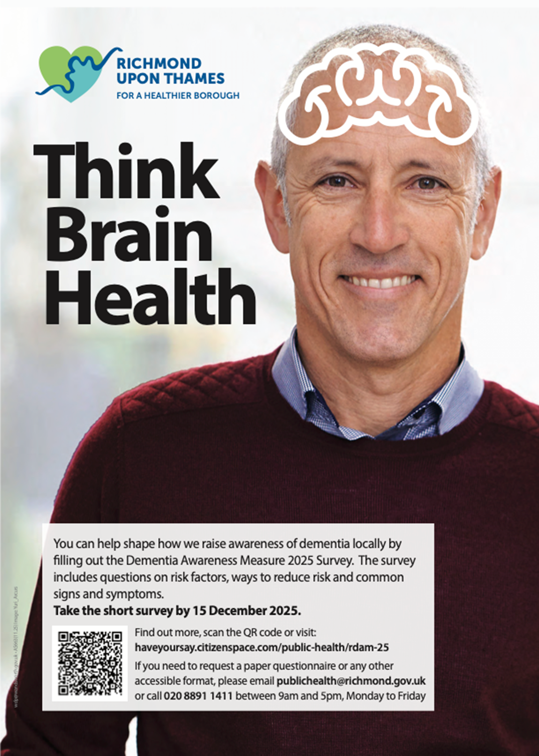 Dementia Awareness Survey 2025 flyer. Image shows a man with a graphic of a brain. Caption reads Think brain health.
