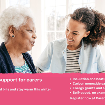 Energy Saving Trust and Carers Trust online advice banner. Image shows a young woman assisting an older woman.
