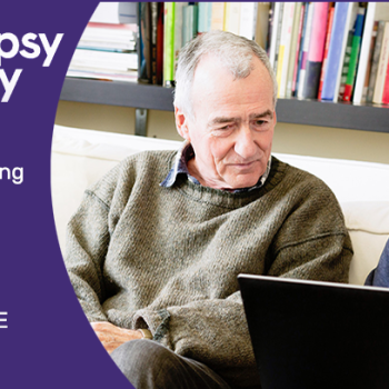 Epilepsy Society family friends free online course banner. Image shows two men looking at a laptop. Caption reads, Understanding epilepsy for family and friends - free online courses