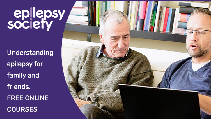 Epilepsy Society family friends free online course banner. Image shows two men looking at a laptop. Caption reads, Understanding epilepsy for family and friends - free online courses