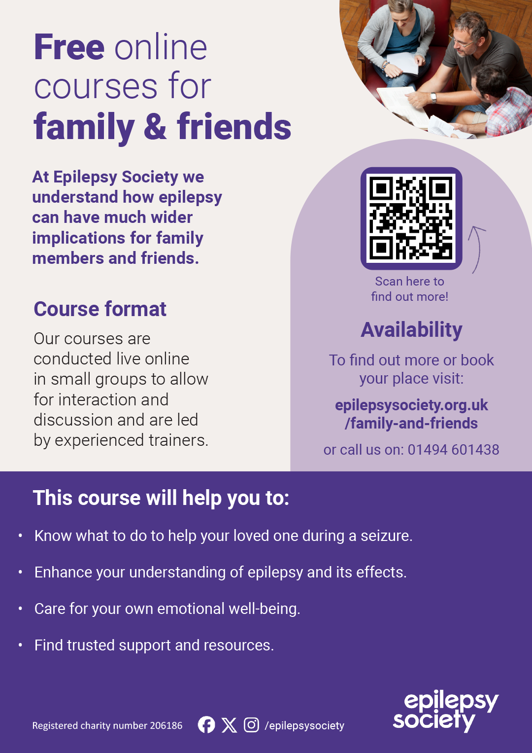 Epilepsy Society family and friends poster. Image shows two men and a woman inspecting a document. Caption reads, Understanding epilepsy for family and friends - free online courses