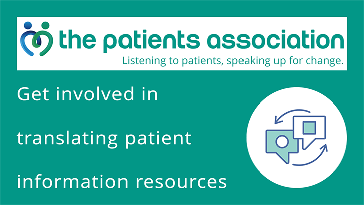 The Patients Association - online focus groups 2026 banner. Strapline reads, Get involved in translating patient information resources