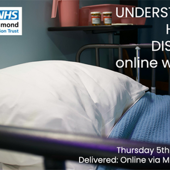 Understanding Hospital Discharge workshop with Kingston Hospital - banner. 11am-noon Thursday 5th February 2026 Delivered: Online via Microsoft Teams. Image shows an empty hospital bed.