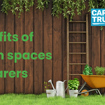 Carers Trust research - Benefits of green spaces for carers banner. Image shows a garden with a fence and various garden tools.