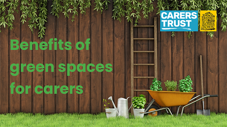 Carers Trust research - Benefits of green spaces for carers banner. Image shows a garden with a fence and various garden tools.