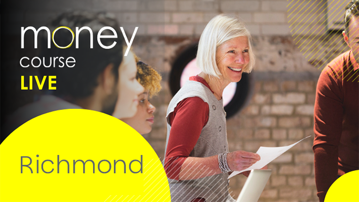 Crosslight - The Money Course - Richmond banner. Image show a group of people with the focus on a smiling woman holding a sheet of paper