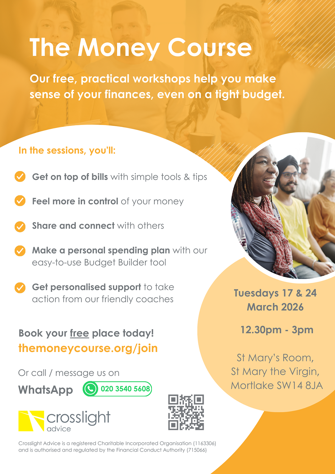 Crosslight - The Money Course - Richmond flyer 2026. Details of the course, including a QR code and an image of a group of smiling people sitting down.