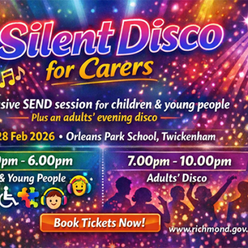 Crossroads Care Silent Disco banner. Promoting the Mayor's Silent Disco. Saturday 28 February 2026. Orleans Park School Richmond Road Twickenham TW1 3BA