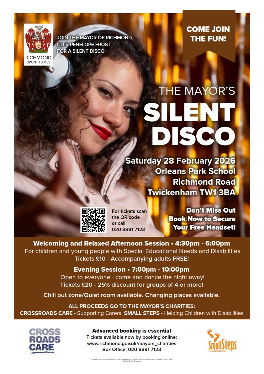 Poster promoting the Mayor's Silent Disco. Saturday 28 February 2026. Orleans Park School Richmond Road Twickenham TW1 3BA