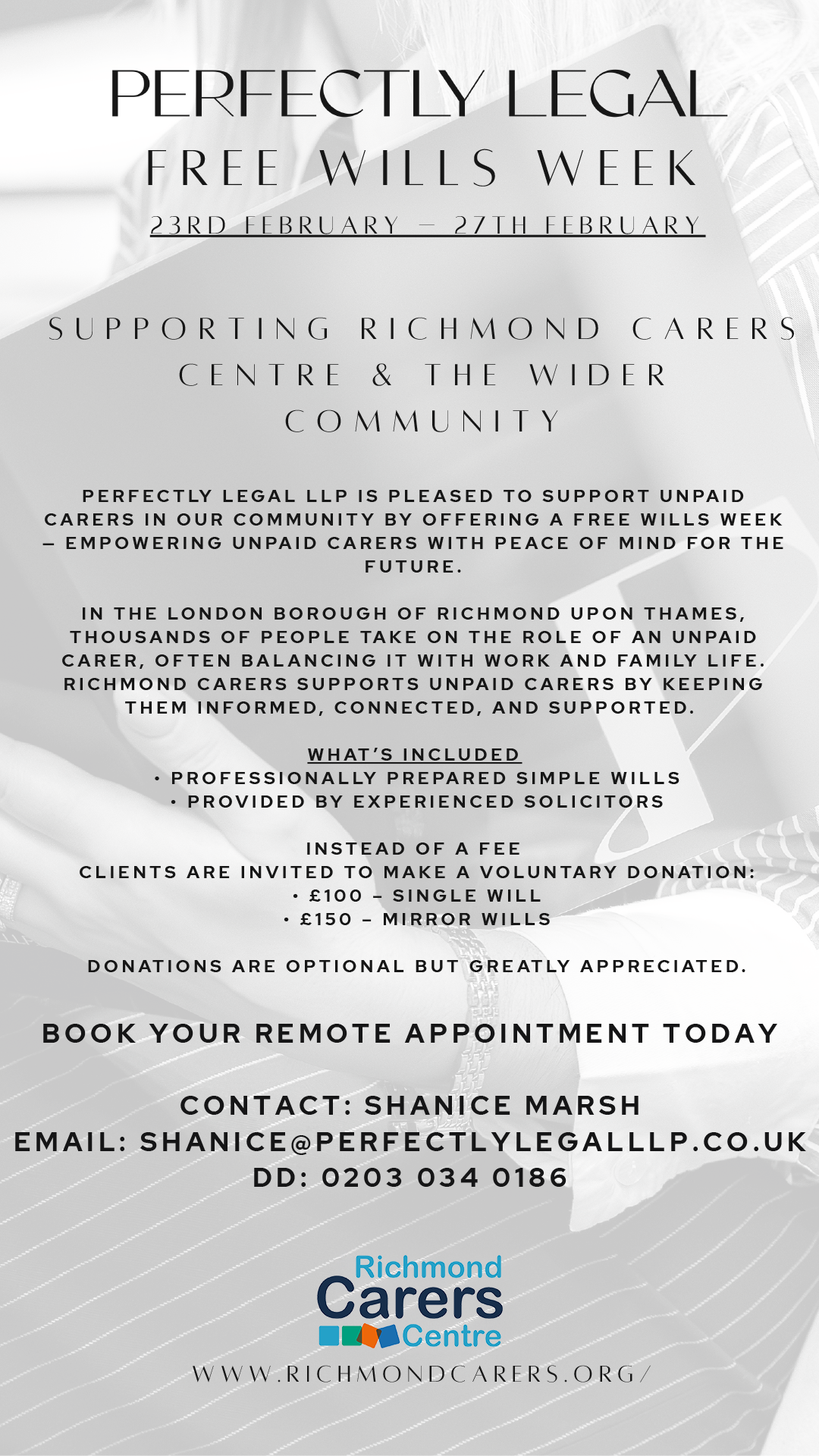 Perfectly Legal LLP Wills offer for Richmond Carers Centre flyer. Free Wills Week 23rd to 27th February 2026