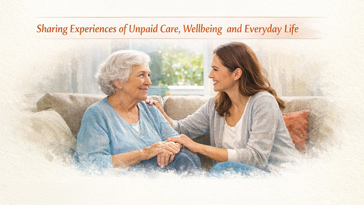 Research project - Sharing experiences of unpaid care, wellbeing and everyday life. Image shows a young woman with her hands placed on an elderly woman's arm in a caring way.