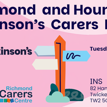 Richmond and Hounslow Parkinsons Carers Event 2026 banner. Shows a graphic of a signpost against a pink background.