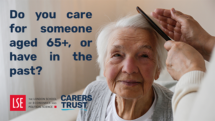 Carers Trust and LSE Research on caring for over 65s banner. Image of an elderly woman having her hair combed.
