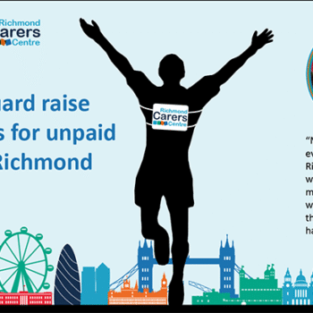 Edouard Guidon runs the London Marathon for Richmond Carers Centre. Image shows a runner with a London skyline