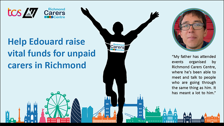 Edouard Guidon runs the London Marathon for Richmond Carers Centre. Image shows a runner with a London skyline