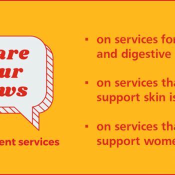 NHS surveys on outpatient services banner. Infographic headline reads Share your views on outpatient services