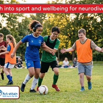 Research into sport and wellbeing for neurodiverse children. Image shows neurodiverse teenagers playing football