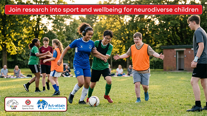 Research into sport and wellbeing for neurodiverse children. Image shows neurodiverse teenagers playing football