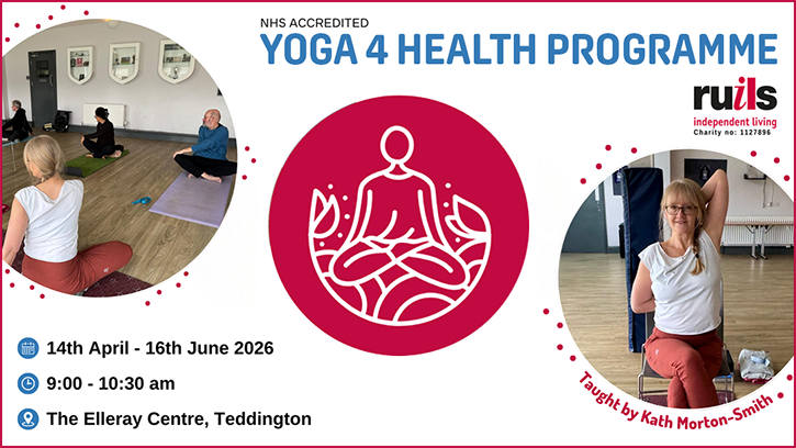 Ruils Yoga 4 Health Programme banner. Images of Kath Morton-Smith teaching yoga poses.