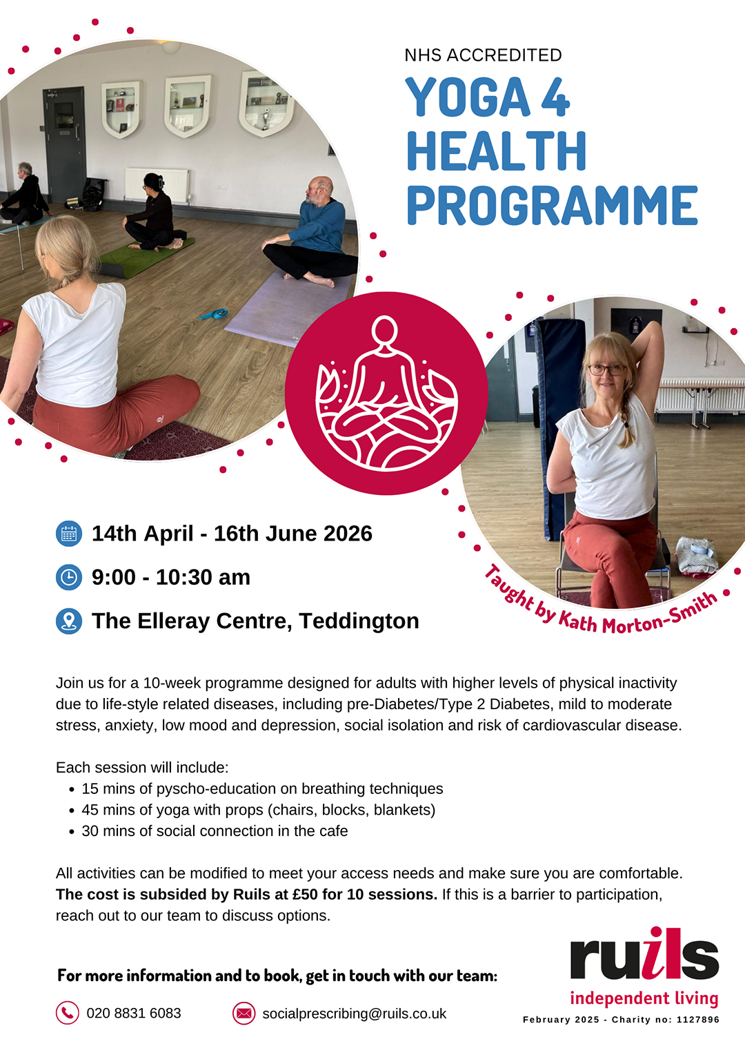 Ruils Yoga 4 Health Programme flyer. Images of Kath Morton-Smith teaching yoga poses.