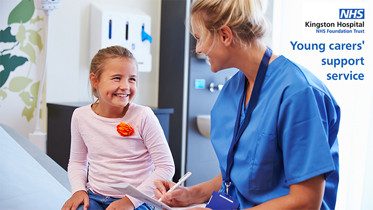Young carers support service at Kingston Hospital. Image shows a Carers Clinical Liaison Practitioner chatting with a young carer