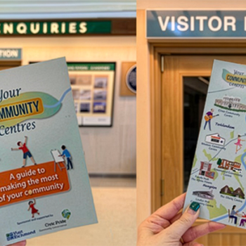 A combined image of a hand holding the front and back of the Richmond Community Centre Guide with the visitor information centre in the background