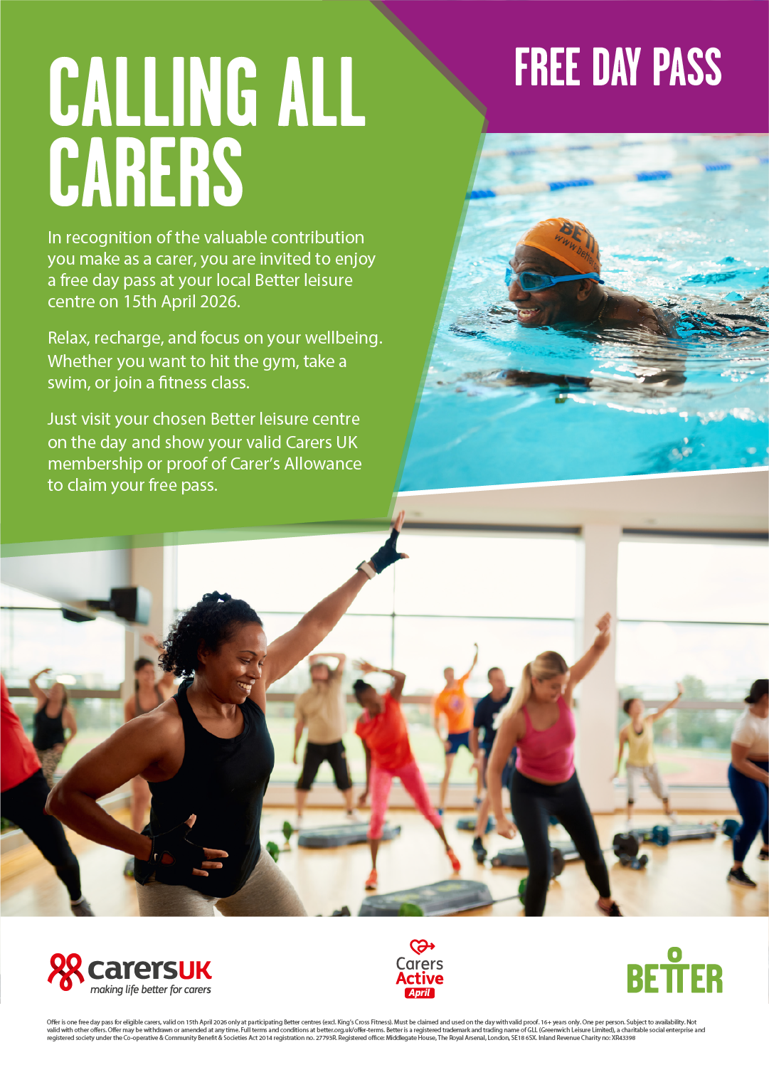 Better Gym free pass for carers 15th April 2026. Image of a man in a pool enjoying swimming and another image of a women's gym class.